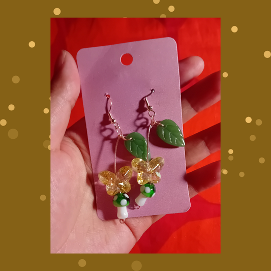 Green Mushroom Butterfly Earrings