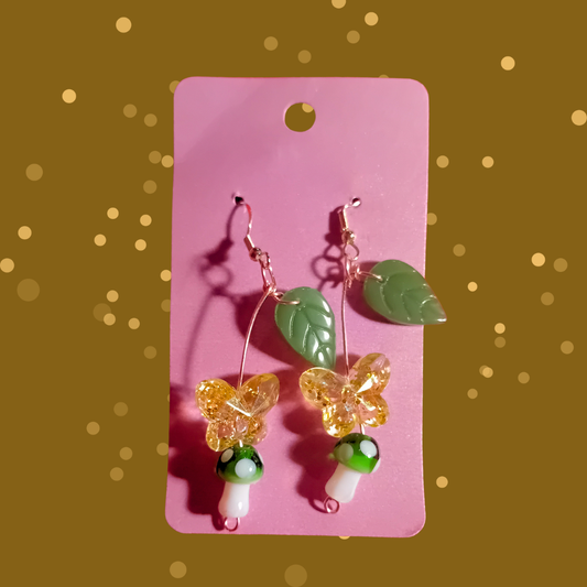 Green Mushroom Butterfly Earrings